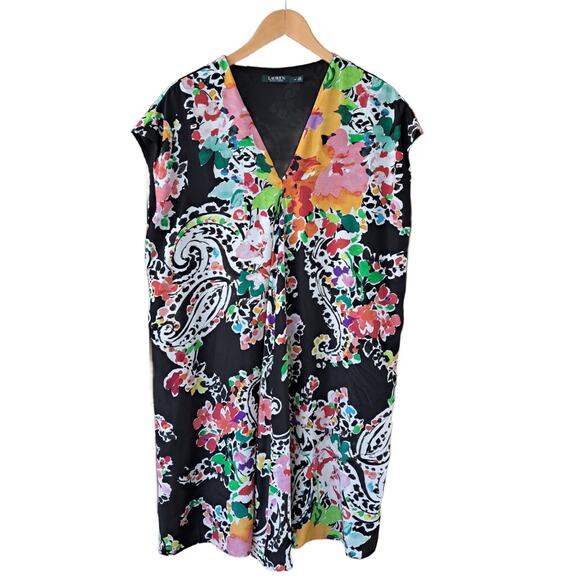 LAUREN Ralph Lauren Dark Floral Print Swingy Shift Dress Size 14 Cap Sleeve - Picture 8 of 11